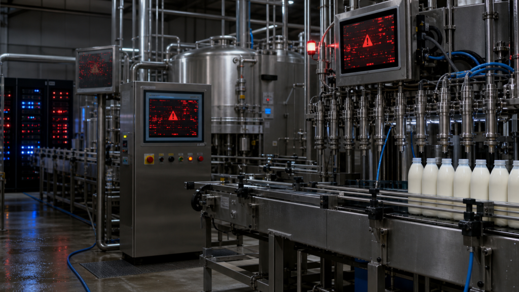 A dairy production line stopped by a ransomware-related control system warning