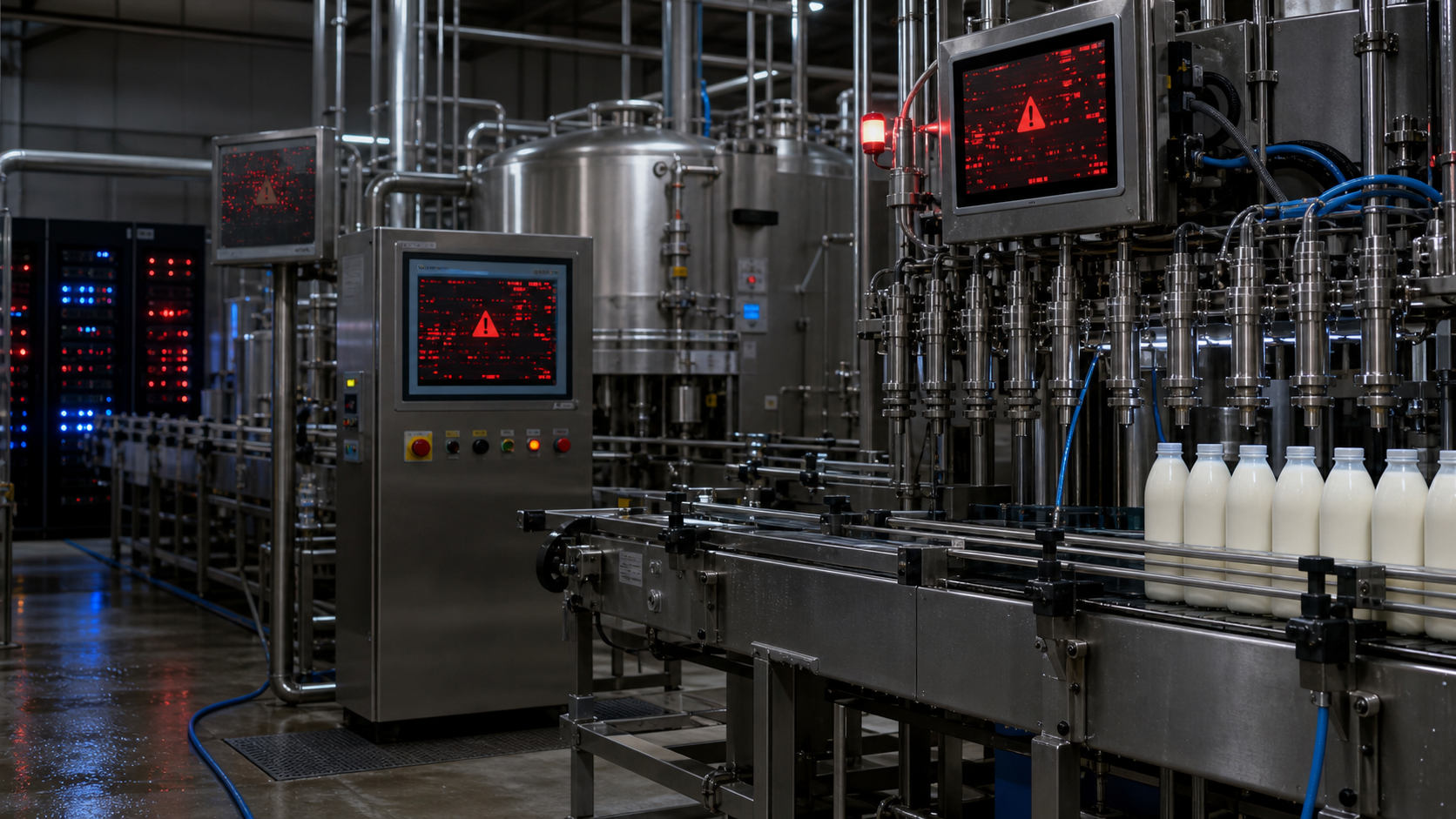 A dairy production line stopped by a ransomware-related control system warning