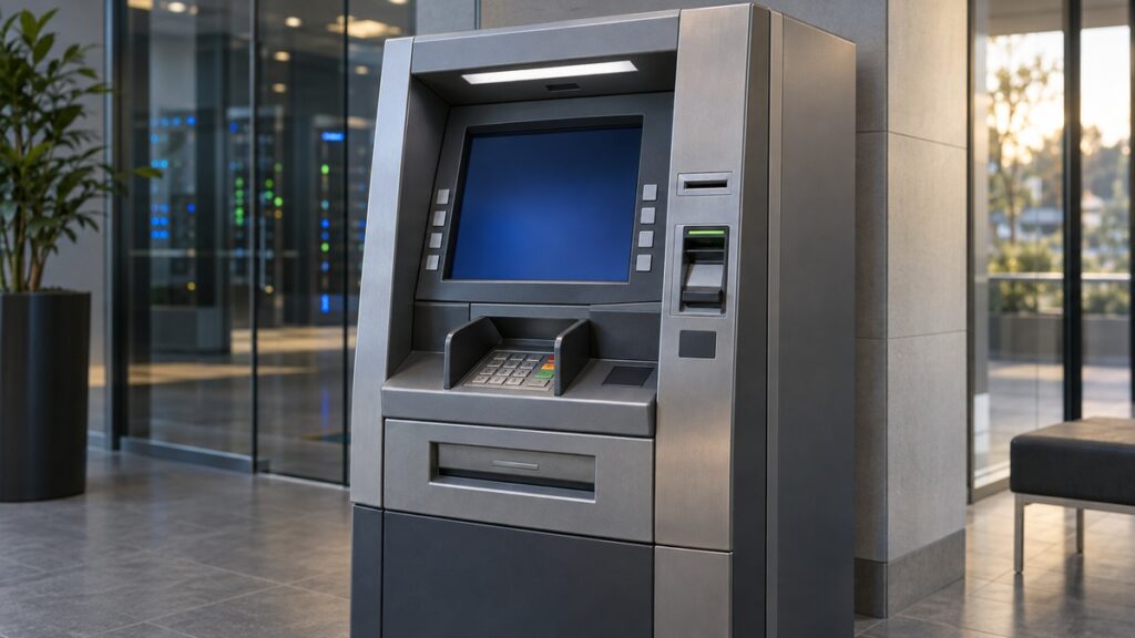 Cash machine in a bank vestibule.