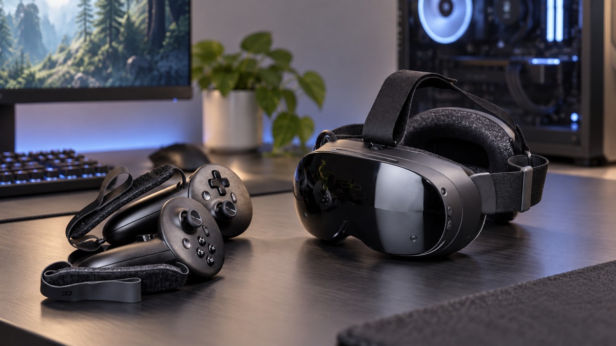 A black Steam Frame headset and two rounded game controllers on a wooden gaming desk.