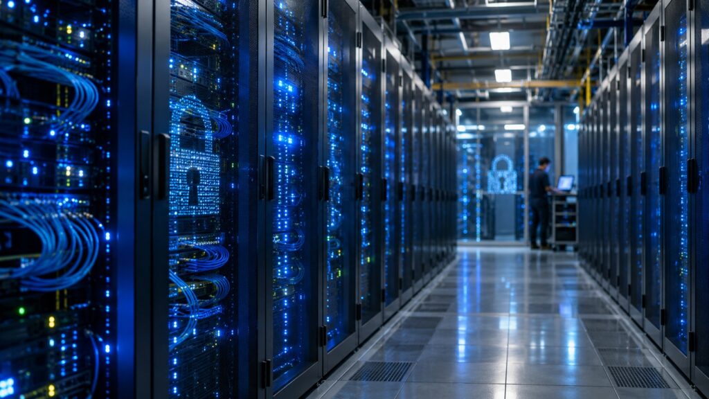 Server room corridor lined with glowing blue server racks.